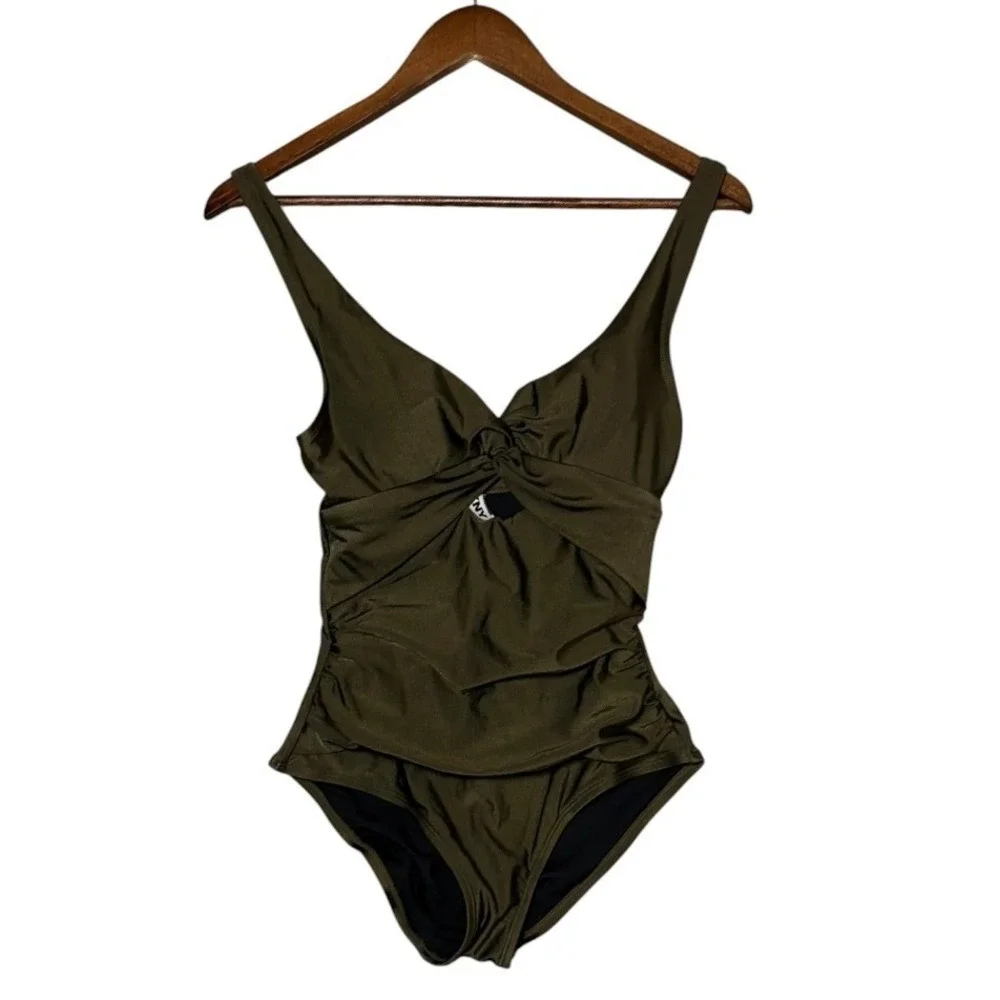 DKNY Womens Twist Front One Piece‎ Swimsuit S Olive Ruched Shaping Metallic - Picture 3 of 6